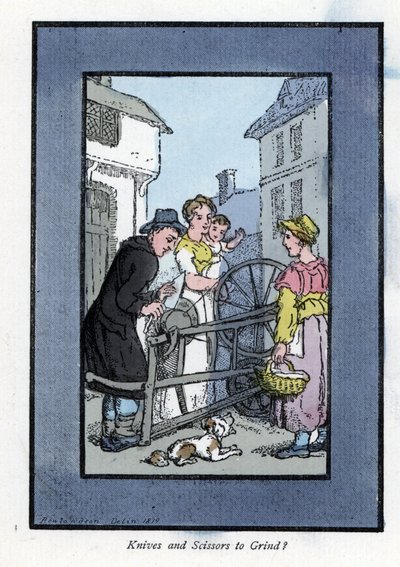 Messerschleifer schärft ein Messer an seinem Schleifstein, mit seinen Kunden (1819) von Thomas Rowlandson