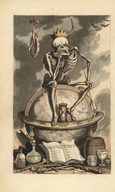 Skelett mit Krone, Speer und Sanduhr, sitzend auf einem Globus über verschiedenen tödlichen Waffen, Pistolen, Messern, Giften und Drogen. Handkolorierte Kupferstichzeichnung und -gravur von Thomas Rowlandson aus The English Dance of Death, Ackermann, Londo von Thomas Rowlandson