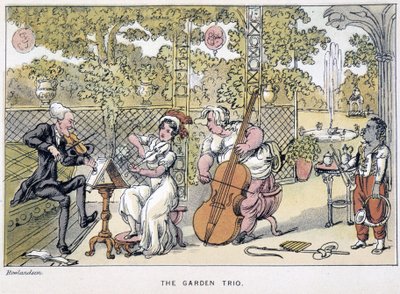 Der Doktor spielt Geige: „Das Gartentrio“ - in „Die drei Reisen des Doktor Syntax: auf der Suche nach dem malerischen Trost und einer Frau“ von William Combe, ill. Rowlandson von Thomas Rowlandson