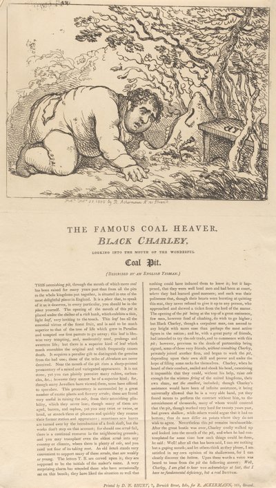 Der berühmte schwarze Kohlenhauer, Schwarzer Charley, schaut in den Mund der wunderbaren Kohlenmine von Thomas Rowlandson