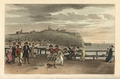 Die Spa-Terrasse: Touristen machen einen Spaziergang an einem windigen Tag auf der Cliff Terrace. Handkolorierter Kupferstich von Thomas Rowlandson, Aquatinta von J. C. Stadler, nach einer Skizze von J. Green aus Poetical Sketches of Scarborough, Ackermann von Thomas Rowlandson