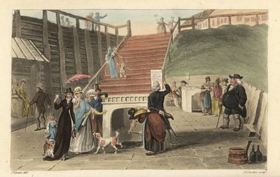 Die Spa-Brunnen: Touristen trinken das Heilwasser aus den Brunnen in Scarborough Spaw. Handkolorierter Kupferstich von Thomas Rowlandson, Aquatinta von J. C. Stadler, nach einer Skizze von J. Green aus Poetical Sketches of Scarborough, Ackermann, London von Thomas Rowlandson