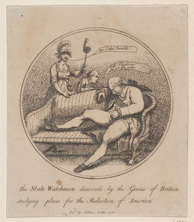 Der Staatswächter entdeckt vom Genie Britanniens, das Pläne studiert für... von Thomas Rowlandson