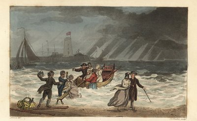 Die Wasserparty: Touristen geben wegen schlechten Wetters eine Seereise auf. Handkolorierte Kupferstichgravur von Thomas Rowlandson, Aquatinta von J.C. Stadler, nach einer Skizze von J. Green aus Poetical Sketches of Scarborough, Ackermann, London von Thomas Rowlandson