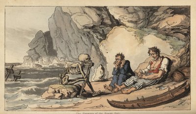 Der Tod sitzt am Strand mit zwei schiffbrüchigen Seeleuten. Handkolorierter Kupferstich von Thomas Rowlandson aus The English Dance of Death, Ackermann, London von Thomas Rowlandson
