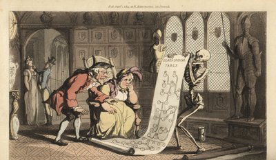 Der Skeletttod mit seiner Sanduhr zeigt zwei älteren aristokratischen Genealogen in einem Raum mit Wappenschildern und Rüstungen einen Stammbaum. Handkolorierte Kupferplatte gezeichnet und graviert von Thomas Rowlandson aus The English Dance of Death von Thomas Rowlandson
