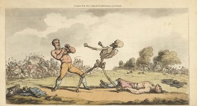 Das Skelett des Todes boxt mit einem Faustkämpfer, während ein anderer Boxer am Boden liegt und die Menge in Panik flieht. Handkolorierte Kupferstichzeichnung und -gravur von Thomas Rowlandson von Thomas Rowlandson