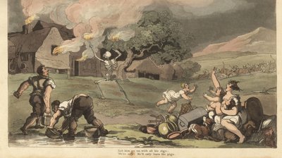 Der Tod brennt mit Fackeln ein Haus nieder, während eine Familie versucht, ihre Schätze zu retten und das Feuer mit Wasser aus dem Teich zu löschen (Handkolorierte Kupferstich von Thomas Rowlandson) von Thomas Rowlandson