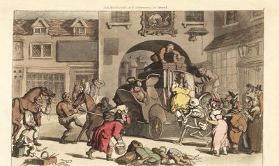 Der Skeletttod hilft einer großen Matrone auf die tödliche letzte Bühne. Handkolorierte Kupferplatte gezeichnet und graviert von Thomas Rowlandson aus The English Dance of Death, Ackermann, London von Thomas Rowlandson