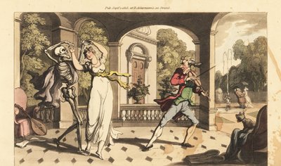 Das Skelett des Todes in einem Umhang tanzt einen letzten Walzer mit der zerbrechlichen Caelia, während ihr Tanzlehrer entsetzt zusieht. Handkolorierte Kupferplatte gezeichnet und graviert von Thomas Rowlandson aus „The English Dance of Death“, Ackermann,  von Thomas Rowlandson