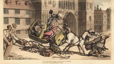 Das Skelett des Todes in Mantel und Mütze fährt eine zweispännige Kutsche, die in Straßenarbeiten stürzt und seinen Passagier, einen Gerichtsbeamten, tötet. Handkolorierte Kupferstichzeichnung und -gravur von Thomas Rowlandson aus The English Dance of Deat von Thomas Rowlandson