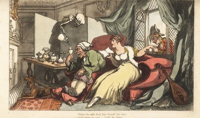 Der Skelett des Todes schenkt ein tödliches Glas Wein für den alten Narren Sir Peter auf seiner Hochzeitsreise ein, während seine junge Frau Julia mit Major Henry am Fenster flirtet. Handkolorierte Kupferplatte gezeichnet und graviert von Thomas Rowlandson von Thomas Rowlandson