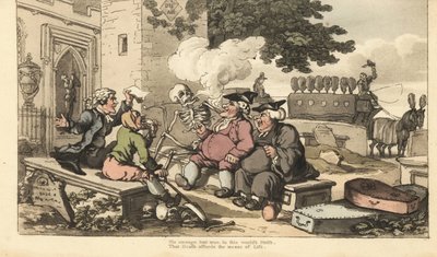 Der Tod raucht eine Pfeife auf einem Grabstein mit Männern, die vom Tod leben - Priester, Totengräber, Bestatter, Glockenläuter, Leichenwagenfahrer und Anwalt. Handkolorierter Kupferstich von Thomas Rowlandson aus The English Dance of Death von Thomas Rowlandson