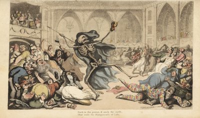 Das Skelett des Todes mit seiner Lanze verursacht einen Aufruhr unter den Harlekinen, Jockeys, Nonnen, Türken und Narren auf einem Maskenball. Handkolorierte Kupferstichzeichnung und -gravur von Thomas Rowlandson von Thomas Rowlandson