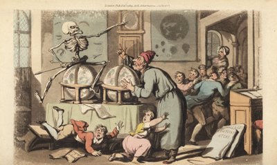 Das Skelett des Todes mit seiner Lanze holt einen Schulmeister, während er Astronomie unterrichtet, und die Kinder in Panik fliehen. Handkolorierte Kupferstichzeichnung und -gravur von Thomas Rowlandson von Thomas Rowlandson