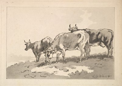 Drei Kühe auf dem Kamm eines Feldes stehend, 1784-87 von Thomas Rowlandson