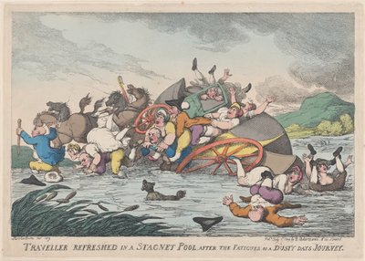 Reisender erfrischt sich in einem stagnierenden [sic] Teich nach den Strapazen eines staubigen... von Thomas Rowlandson
