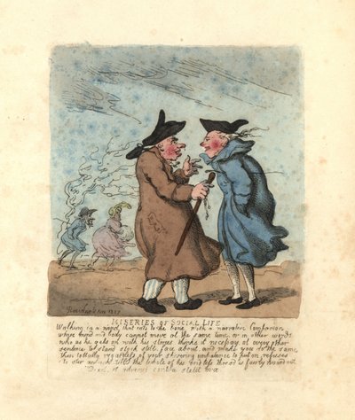 Zwei Regency-Männer halten im eisigen Wind an, um zu sprechen von Thomas Rowlandson