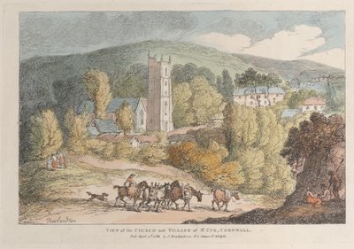 Ansicht der Kirche und des Dorfes St. Cue, Cornwall, aus Ansichten in Cornwall von Thomas Rowlandson