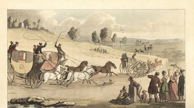 Junge englische Gentlemen fahren vierspännige Kutschen auf einer Straße von Thomas Rowlandson