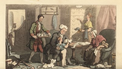 Junger Junge beim Unterricht mit einem Tutor und seiner Großmutter von Thomas Rowlandson