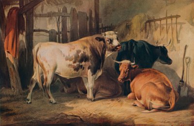 Ein Stier und drei Kühe in einem Stall, um 1856 von Thomas Sidney Cooper