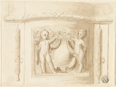 Basis eines Pilasters mit Relief, mit 2 Putti, Schild von Thomas Stothard