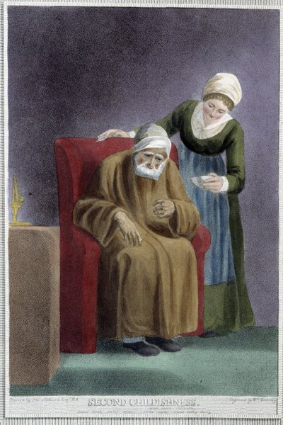 Das zweite Kindheitsstadium (ein kranker Wächter, der sich um einen sehr alten Mann kümmert) - in "Die 7 Lebensalter des Menschen" von Shakespeare, illustriert von W. Broniley, London von Thomas Stothard