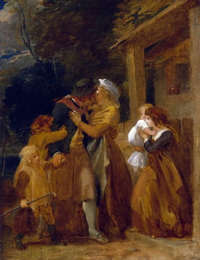 Die Rückkehr des Seemanns, Wiedervereinigung mit seiner Familie an der Schwelle seines Häuschens von Thomas Stothard