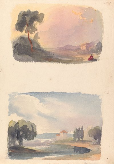 Zwei Zeichnungen auf einem Blatt: Landschaft mit Bergen in der Ferne und sitzenden Figuren im Vordergrund (Nr. 1); Landschaft mit Fluss und Gebäude, Berge in der Ferne (Nr. 2) von Thomas Sully