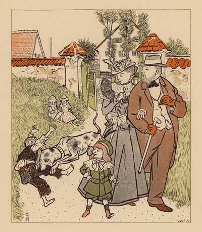 Familie beim Spaziergang beobachtet ihren Hund, der einem schmutzigen Bengel ins Bein beißt von Thomas Theodor Heine