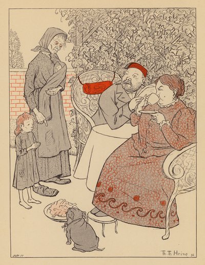 Arme Frau fragt, ob sie und ihr Kind Reste von einer Hundemahlzeit haben können von Thomas Theodor Heine