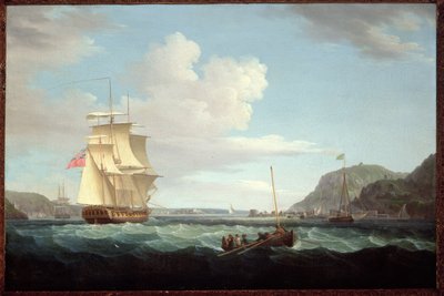 Eine britische Fregatte mit einem Langboot vor der Landzunge von Gallows Hill, Broad Bay, Isle of Lewis, Hebriden von Thomas Whitcombe