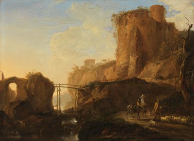 Italianisierende Landschaft mit Brücke und Burgruine von Thomas Wyck