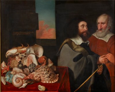 John Tradescant der Jüngere mit Roger Friend und einer Sammlung exotischer Muscheln, 1645 von Thomas de Critz