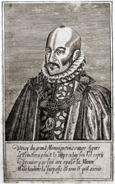 Porträt von Michel de Montaigne (1533-1592), französischer Schriftsteller. Gravur von Thomas de Leu (1560-1612). von Thomas de Leu