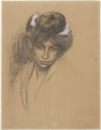 Dunkler Mädchenkopf, nach vorne blickend, mit einem lila Band im Haar von Théophile Alexandre Steinlen