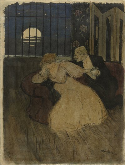 Herr im Frack versucht eine zögernde Dame auf einem Sofa zu überreden von Théophile Alexandre Steinlen