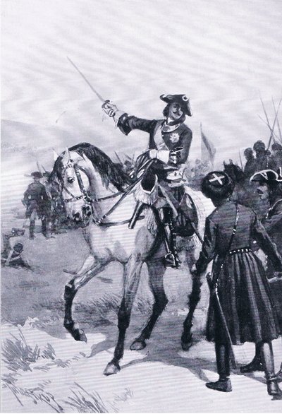 Peter der Große in der Schlacht von Poltawa, Illustration aus Landmarks in European History, veröffentlicht von Gresham Publishing Co, ca. 1920 (Lithografie) von Thure de Thulstrup