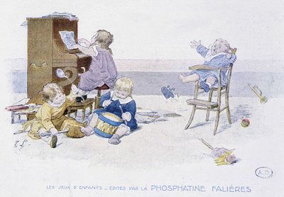 Kinderspiele: Kinder spielen verschiedene Musikinstrumente (Zeichnung von Lobrichon, herausgegeben von Phosphatine Falieres, ca. 1920) von Timoleon Marie Lobrichon
