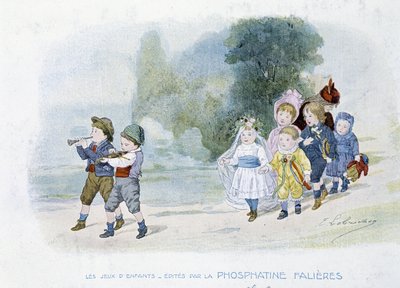 Kinderspiele: Hochzeitsprozession, Kinder verkleidet als Bräute - Zeichnung von Lobrichon, herausgegeben von Phosphatine Falières, um 1920 von Timoleon Marie Lobrichon
