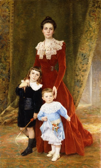 Porträt einer Dame, stehend in voller Länge, mit ihren Kindern von Timoleon Marie Lobrichon