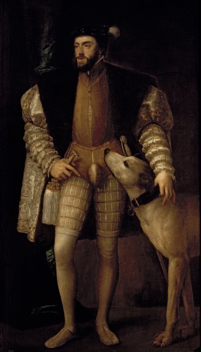 Karl V. (1500-58) Heiliger Römischer Kaiser und König von Spanien mit seinem Hund, 1533 von Tiziano Vecelli