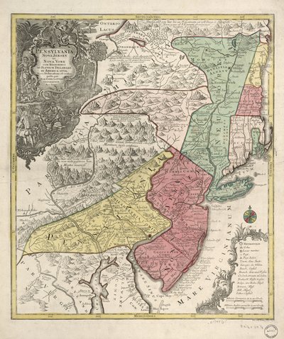 Relief kartografisch dargestellt. Auch Neuengland (verzerrt) und nördliche Chesapeake-Region. Titel in Latein; Anmerkungen in Deutsch und Latein; Legende in Latein, Deutsch und Englisch. Unbekannter Meridian. Provinzen durch farbige Waschungen angezeigt; P von Tobias Conrad Lotter