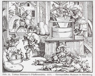 Katholische Priester, die durch eine Mühle gesteckt werden (Holzschnitt) von Tobias Stimmer
