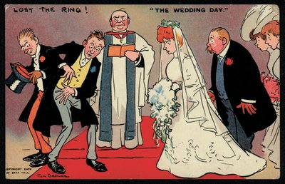 Bräutigam und Trauzeuge können den Ring bei einer Hochzeit nicht finden (Chromolitho) von Tom Browne