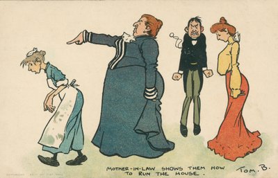 Herrische Schwiegermutter unterweist ein junges Paar, wie sie ihren Haushalt führen sollen (Farblithografie) von Tom Browne