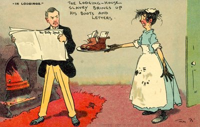 Die Sklavin des Mietshauses bringt seine Stiefel und Briefe (Chromolithografie) von Tom Browne