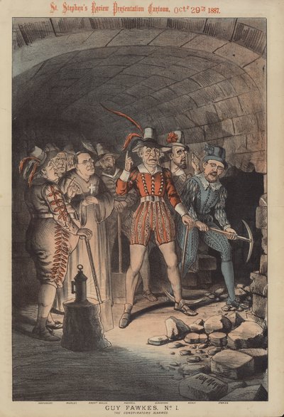 Guy Fawkes, Nr. 1: die bewaffneten Verschwörer (Farblithografie) von Tom Merry