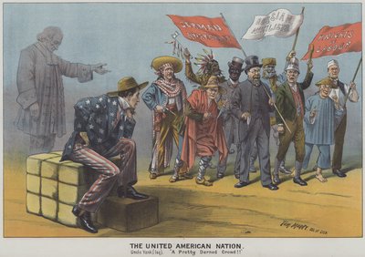 Die Vereinigte Amerikanische Nation, Satire über die Vielfalt der Einwanderer im 19. Jahrhundert in der amerikanischen Gesellschaft (Farblithografie) von Tom Merry